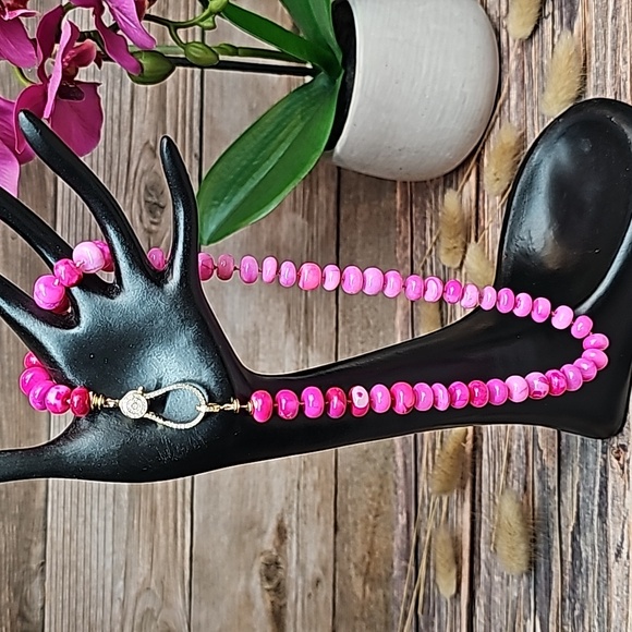 GENUINE RARE HANDSTRUNG BRIGHT PINK OPAL & DIAMOND PAVE 18" NECKLACE - Picture 2 of 15